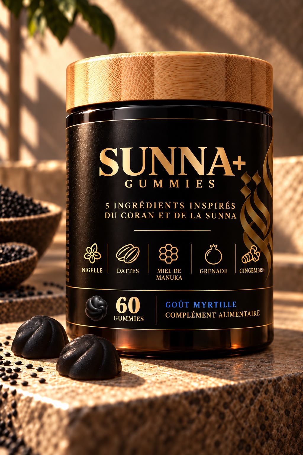 Sunna Gummies · 5 ingrédients inspirés du Coran et de la Sunna · 60 gummies