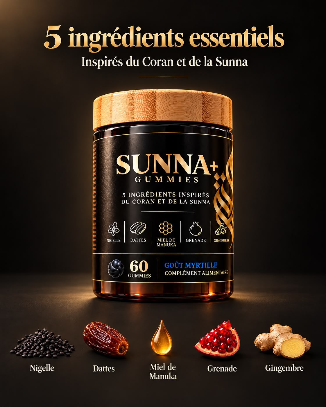 Sunna Gummies · 5 ingrédients inspirés du Coran et de la Sunna · 60 gummies
